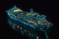 A panoramic aerial view of a cruise ship at night, featuring smart services. Generative AI