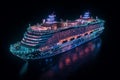 A panoramic aerial view of a cruise ship at night, featuring smart services. Generative AI