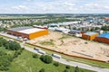 Panoramic aerial view of distribution center at industrial logistic zone. drone photo