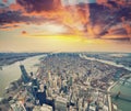 Panoramic aerial view of Downtown Manhattan at sunset, New York City from a high vantage point