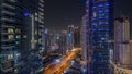 Panoramic view of the Dubai Marina and JBR area aerial night timelapse Royalty Free Stock Photo