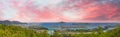 Panoramic aerial view of Eden Island and Mahe seascape from the hill at sunset, Seychelles