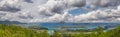 Panoramic aerial view of Eden Island and Mahe seascape from the hill at sunset, Seychelles Royalty Free Stock Photo