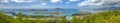 Panoramic aerial view of Eden Island and Mahe seascape from the hill at sunset, Seychelles Royalty Free Stock Photo