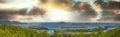 Panoramic aerial view of Eden Island and Mahe seascape from the hill at sunset, Seychelles Royalty Free Stock Photo