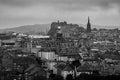 Panoramic aerial view of Edinburgh, Scotland in moody weather. Black and white Royalty Free Stock Photo