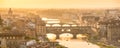 Panoramic aerial view of Florence at sunset with the Ponte Vecchio and the Arno river, Tuscany Italy Royalty Free Stock Photo