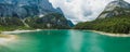 Panoramic aerial view of Gosau lake and mountain range, Upper-Austria, Europe Royalty Free Stock Photo