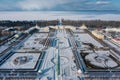 Panoramic aerial view of the Grand Palace and the park with fountains in winter in Peterhof. The upper garden is closed for Royalty Free Stock Photo