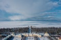 Panoramic aerial view of the Grand Palace and the park with fountains in winter in Peterhof. The upper garden is closed for Royalty Free Stock Photo