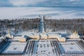 Panoramic aerial view of the Grand Palace and the park with fountains in winter in Peterhof. The upper garden is closed for Royalty Free Stock Photo