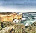 Panoramic aerial view of Great Ocean Road rocks formations and London Bridge, Victoria, Australia Royalty Free Stock Photo