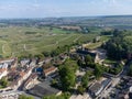 Panoramic aerial view on green premier cru champagne vineyards near village Hautvillers and Marne river valley, Champange, France Royalty Free Stock Photo