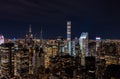 Panoramic aerial view of group of skyscraper near central park. Modern high rise buildings in night city. Manhattan, New Royalty Free Stock Photo