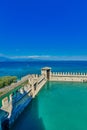 Panoramic aerial view on historical town Sirmione on peninsula in Garda lake, Lombardy, Italy Royalty Free Stock Photo