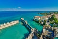 Panoramic aerial view on historical town Sirmione on peninsula in Garda lake, Lombardy, Italy Royalty Free Stock Photo