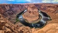 Panoramic aerial view of Horseshoe bend on the Colorado river near Page in summer, Arizona, USA United States of America. Royalty Free Stock Photo