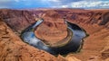 Panoramic aerial view of Horseshoe bend on the Colorado river near Page in summer, Arizona, USA United States of America. Royalty Free Stock Photo