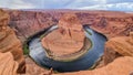 Panoramic aerial view of Horseshoe bend on the Colorado river near Page in summer, Arizona, USA United States of America. Royalty Free Stock Photo