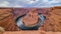 Panoramic aerial view of Horseshoe bend on the Colorado river near Page in summer, Arizona, USA United States of America. Royalty Free Stock Photo