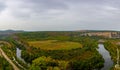 Panoramic aerial view of Iskar river, passing near village of Karlukovo, Bulgaria. Balkan mountains around. Royalty Free Stock Photo