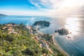 Panoramic aerial view of Isola Bella island and beach in Taormina Royalty Free Stock Photo