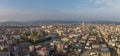 Panoramic aerial view of Japanese castle and Imabari city center