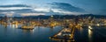 Panoramic aerial view of Kobe City waterfront and skyline at sunset