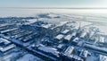 Panoramic aerial view of Kronstadt. Petrovskaya pier where the ships are. Coastline. Kotlin Island. Winter