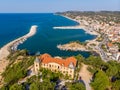 Panoramic aerial view of Limenaria old abandoned mining facility and castle Royalty Free Stock Photo