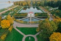 Panoramic aerial view of the lower park in autumn in Peterhof, Bacchus garden, Marly Palace, sectoral ponds. Russia, Peterhof, 10.