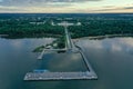 Panoramic aerial view of the Lower Park in Peterhof. Pier. The Gulf of Finland. Summer. Green trees