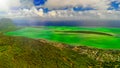 Panoramic aerial view of Mauritius coastline, Africa. Sunny day with ocean and vegetation