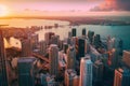 A panoramic aerial view of the Miami skyline at sunset, showcasing the city\'s iconic pastel-colored buildings