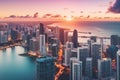 A panoramic aerial view of the Miami skyline at sunset, showcasing the city\'s iconic pastel-colored buildings