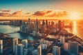 A panoramic aerial view of the Miami skyline at sunset, showcasing the city\'s iconic pastel-colored buildings