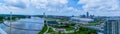 Panoramic Aerial view of Missouri river and the Bob Kerrey pedestrian bridge Omaha Nebraska and adjoining downtown Omaha.