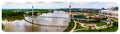 Panoramic aerial view of the Missouri river and the entire Bob Kerrey pedestrian bridge Omaha Nebraska