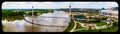 Panoramic Aerial view of Missouri river, Tom Hanafan plaza Bob Kerrey pedestrian bridge Omaha Nebraska and downtown Omaha. Royalty Free Stock Photo