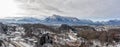 Panoramic aerial view of Mochsberg top with view of Untersberg snow mountain in Salzburg winter