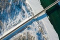 Panoramic aerial view nature and picturesque landscape near a Altay mountain with a green river Katun and bridge on a winter sunny