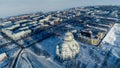 Panoramic aerial view of the Naval Cathedral of St. Nicholas the Wonderworker in Kronstadt. Anchor area. Kotlin