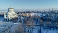 Panoramic aerial view of the Naval Cathedral of St. Nicholas the Wonderworker in Kronstadt. Anchor area. Kotlin.