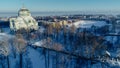 Panoramic aerial view of the Naval Cathedral of St. Nicholas the Wonderworker in Kronstadt. Anchor area. Kotlin.