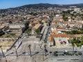 Panoramic aerial view on historical coastal Provencal city La Ciotat with large sailboat harbour and yacht shipyard, summer