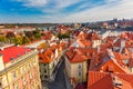 Panoramic Aerial view of old narrow streets in Prague city with Royalty Free Stock Photo