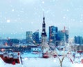 Panoramic aerial view of the old town of Tallinn, Estonia. Church fortress towers, snow-covered roofs and spires. Winter, Christma Royalty Free Stock Photo