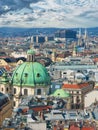Panoramic aerial view over historic old town of Vienna with famous landmarks as St. Stephen& x27;s cathedral