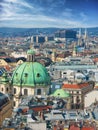 Panoramic aerial view over historic old town of Vienna with famous landmarks as St. Stephen& x27;s cathedral