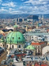 Panoramic aerial view over historic old town of Vienna with famous landmarks as St. Stephen& x27;s cathedral